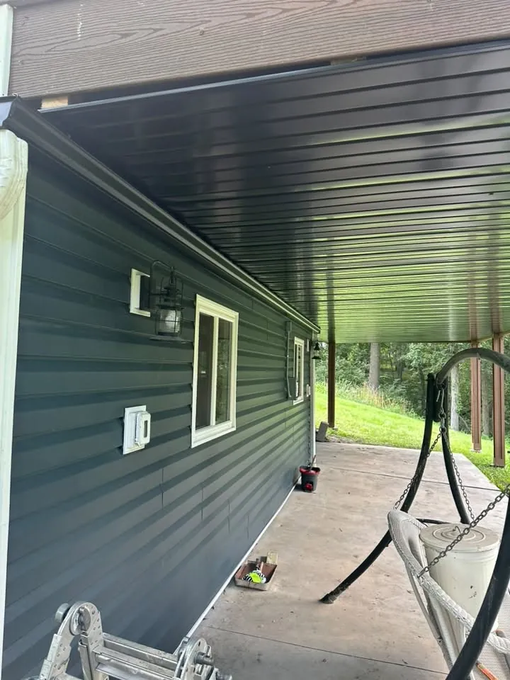 Dark green siding under a covered porch with a dark soffit ceiling