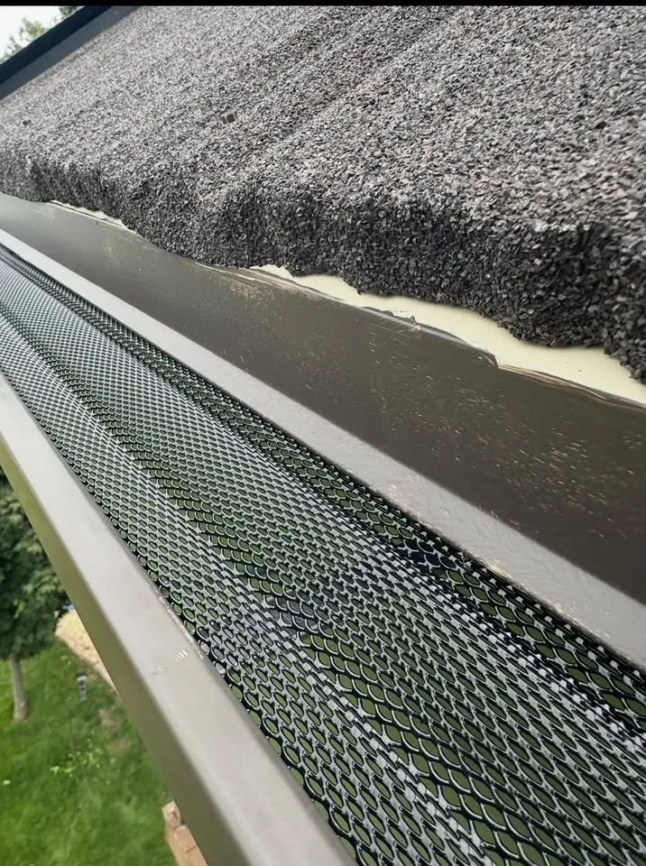 Close view of a mesh gutter guard set under the roof shingles